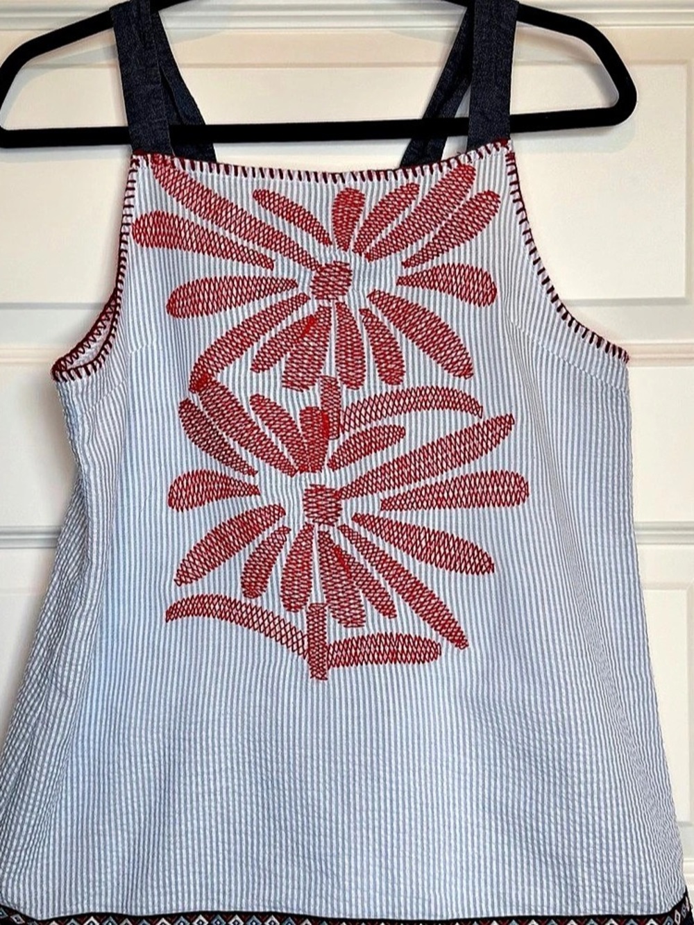 THML Womens Medium Blue White Striped Embroidered Tank Top Tassel Fringe